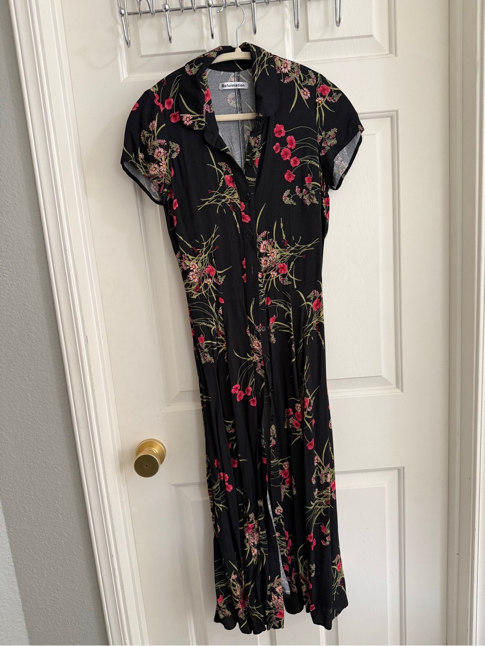 Reformation Black Floral Button-Front Midi Dress with Collar